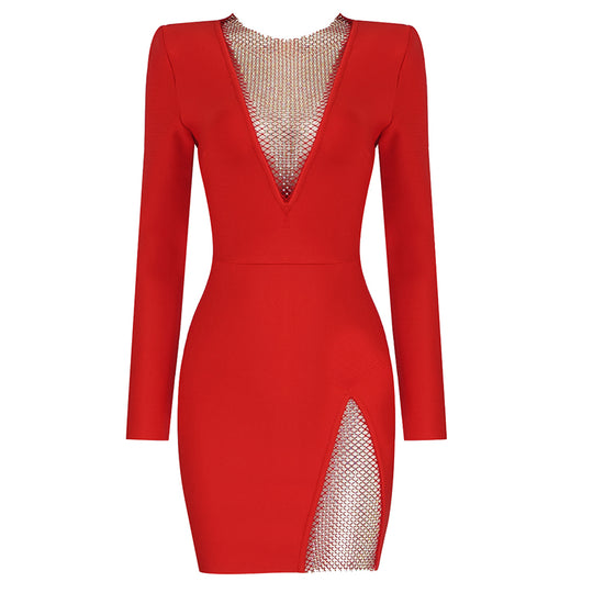 Multi-Stone Mini Bandage Dress - Long Sleeve