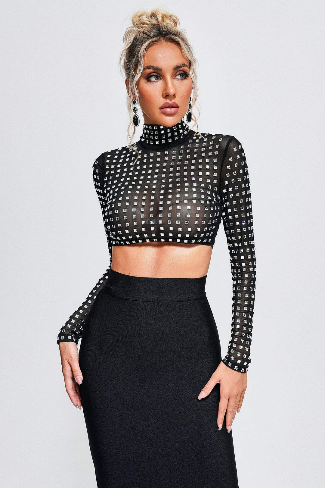 Mesh Mock Neck Rhinestone Bandage Top