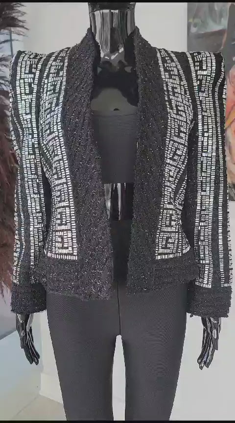 Rhinestone Tweed Puff Shoulder Jacket